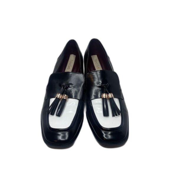 Franco Sarto Donna Patent Leather Black White Womens Heeled Loafers Shoes Tassle - Picture 3 of 11
